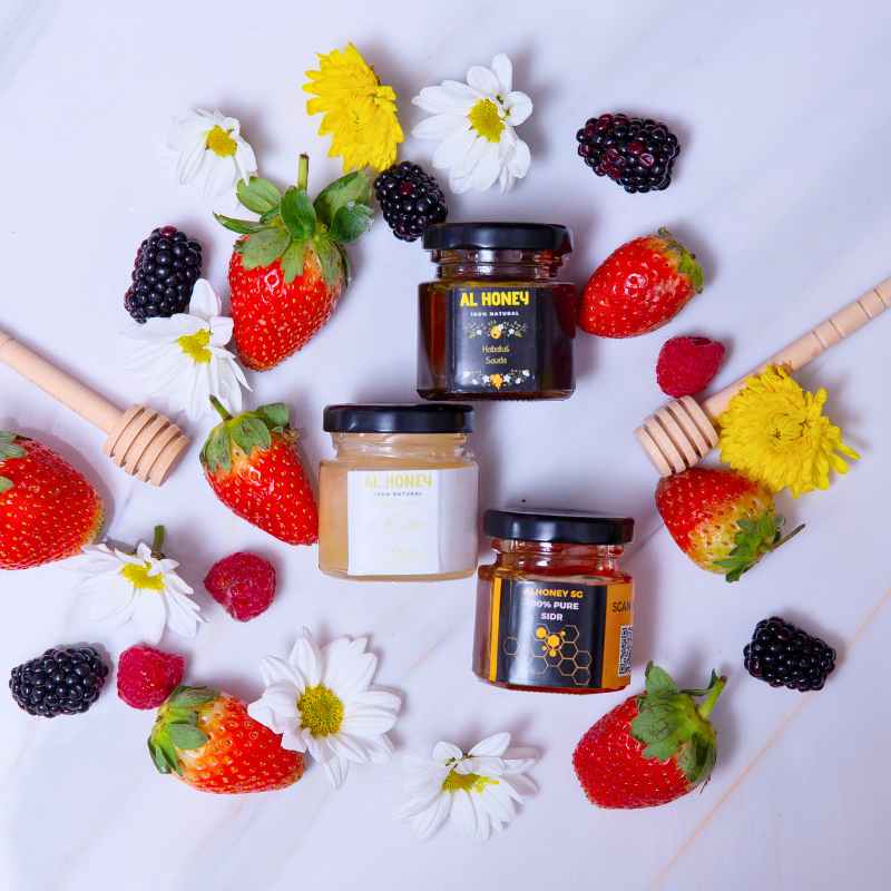 AlHoney Mini sampler Set with fruits and Alhoney wooden stick