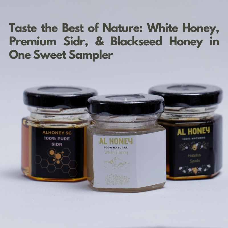 Three Mini Jars of Al Honey. Premium Sidr, White Honey and Blackseed Honey