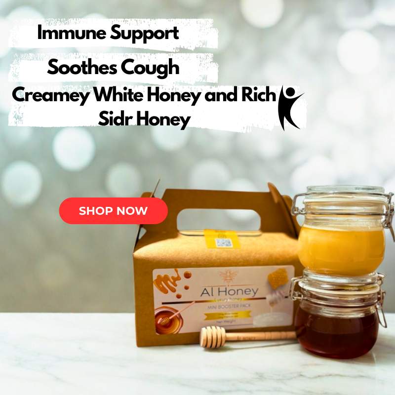 Front Photo of alhoney booster pack that shows white honey and sidr honey