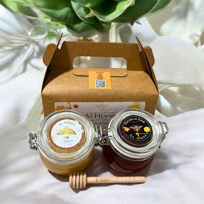 Top view of Al honey booster pack with wooden dipper 
