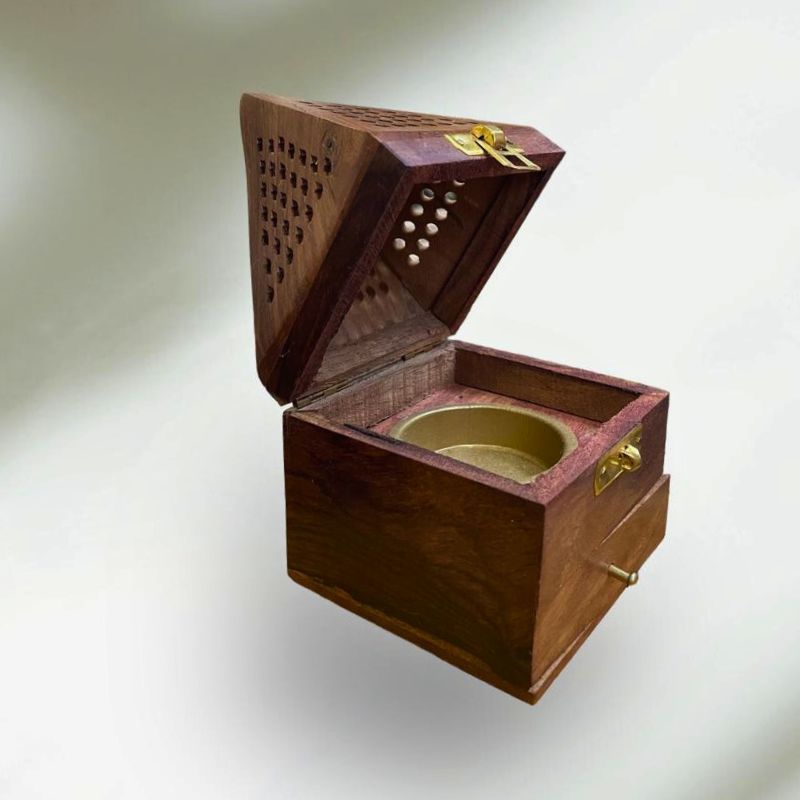 Showing an opened woody Oasis wooden burner with a drawer for bukhoor, oud and agarwood.