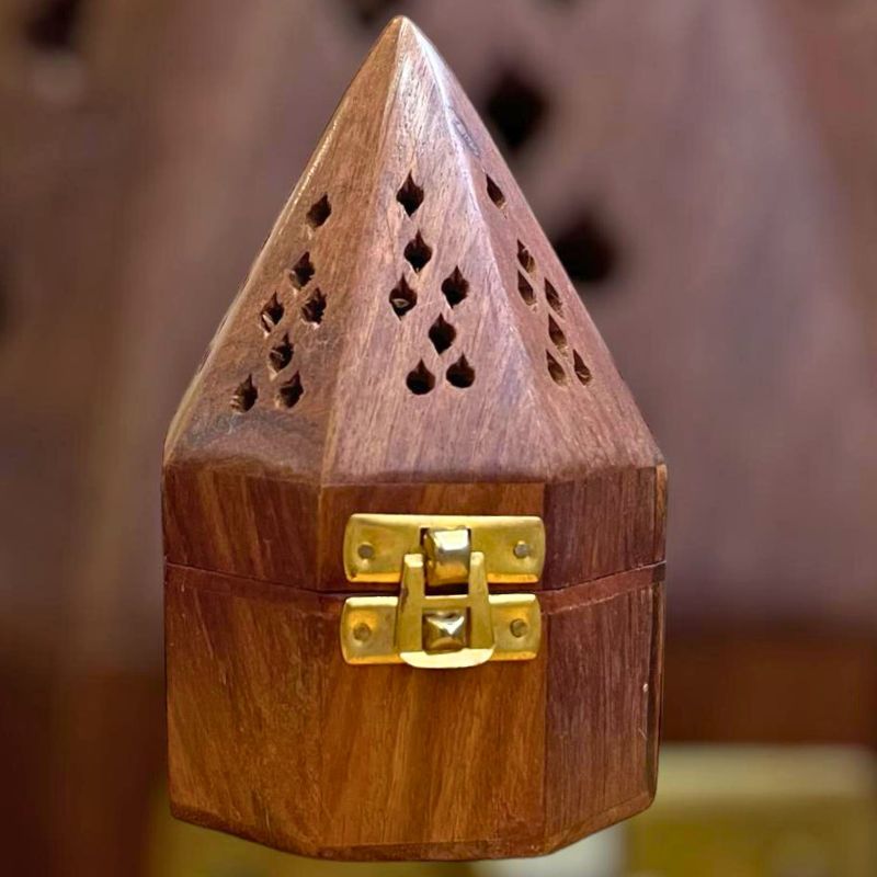 Showing a closed woody Oasis wooden hex pyramid shaped burner for bukhoor, oud and agarwood.